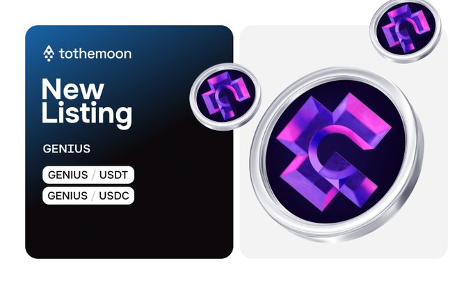 The image features a poster for a new listing called "New listing" that showcases different coins, including one with purple and black colors resembling a cross symbol. The text on the poster includes the words "genius" and "usdt", which are related to the coins featured on the poster. The post explains how to trade these coins and encourages users to explore DeFi as part of their trading strategy.