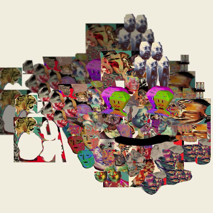 A surreal collage artwork composed of overlapping fragmented images featuring various faces, masks, and abstract figures in a chaotic arrangement.