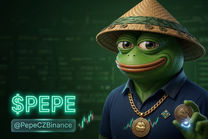 A digital illustration of the Pepe the Frog meme character wearing a conical hat and gold chain, holding a coin, with neon text '$PEPE' and '@PepeCZBinance' alongside a cryptocurrency chart.