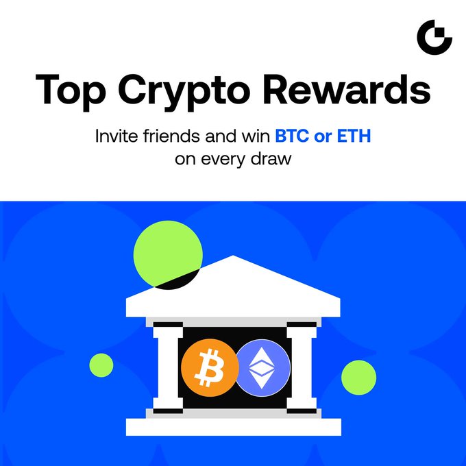 Promotional graphic from Gate.io titled "Top Crypto Rewards," featuring an illustration of a Greek-style building displaying Bitcoin (BTC) and Ethereum (ETH) logos. The image visually reinforces the message of earning BTC or ETH through a referral program, with rewards of up to $5,000 per draw.