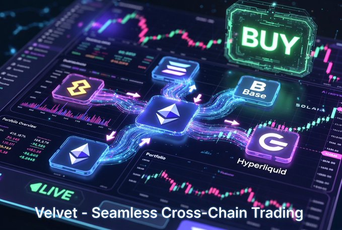 A futuristic dark-themed digital trading dashboard displays interconnected crypto network logos—BNB, Ethereum, Base, Hyperliquid, and Solana—linked by glowing blue streams beneath a prominent green "BUY" button, with live candlestick charts and portfolio metrics in the background. The tagline "Velvet - Seamless Cross-Chain Trading" appears at the bottom, visually reinforcing the post's message about Velvet Capital unifying multi-chain trading across networks like BNB Chain, Solana, Base, Hyperliquid, Ethereum, and Robinhood Chain into one seamless experience.