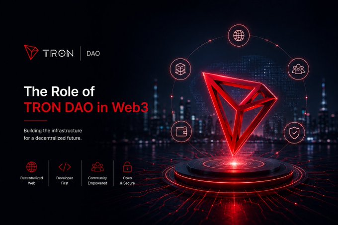 A promotional graphic for TRON DAO titled 'The Role of TRON DAO in Web3' with the tagline 'Building the infrastructure for a decentralized future,' highlighting features like Decentralized Web, Developer-First, Community Empowered, and Open & Secure.