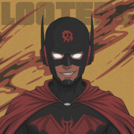 Illustration of a comic book character in a black bat-style cowl and red cape with a skull emblem, set against a yellow background with the text 'LOOTED'.