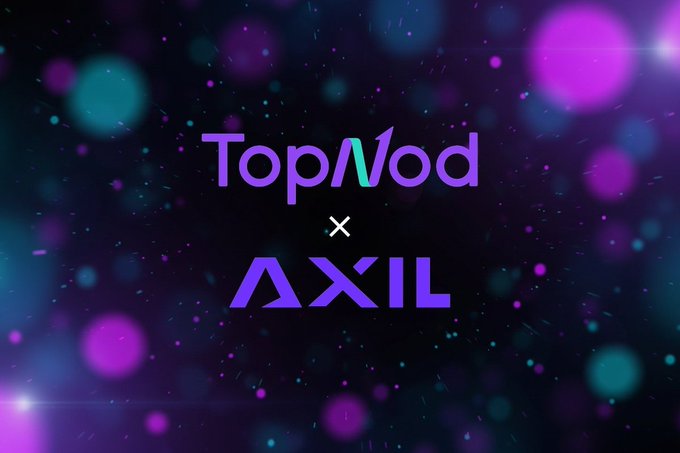 A purple and blue graphic displays 'TopMod x AXIL' logos against a background of glowing bokeh lights and particles.