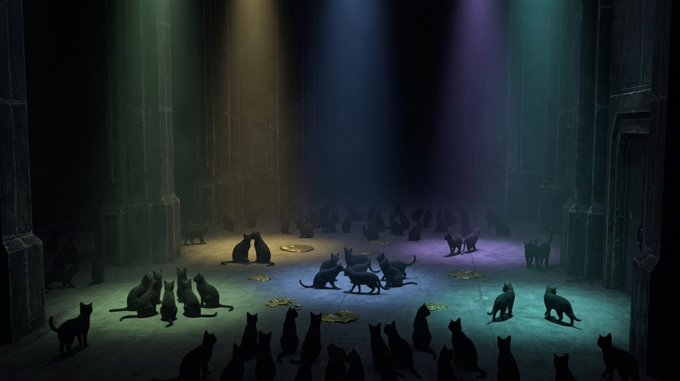 An atmospheric digital illustration of many cats gathered in a dark room with spotlights illuminating them, with golden fish scattered on the ground and one cat in the center glow.