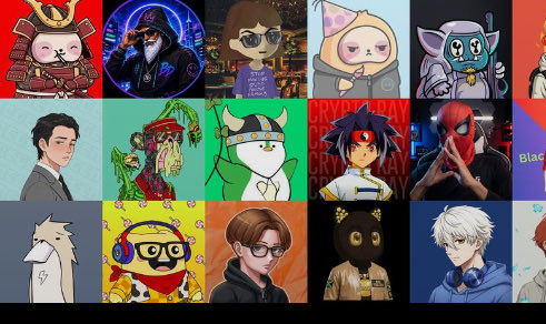 A grid of various NFT-style cartoon avatars, including characters resembling samurai, anime figures, a Spider-Man drawing, and a person with headphones.
