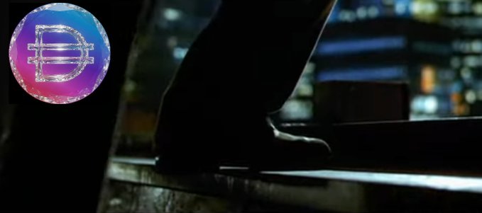 A cinematic image showing a person's silhouette standing on a ledge overlooking a city at night, with a glowing purple and blue circular logo featuring a pixelated dollar sign in the upper left corner.