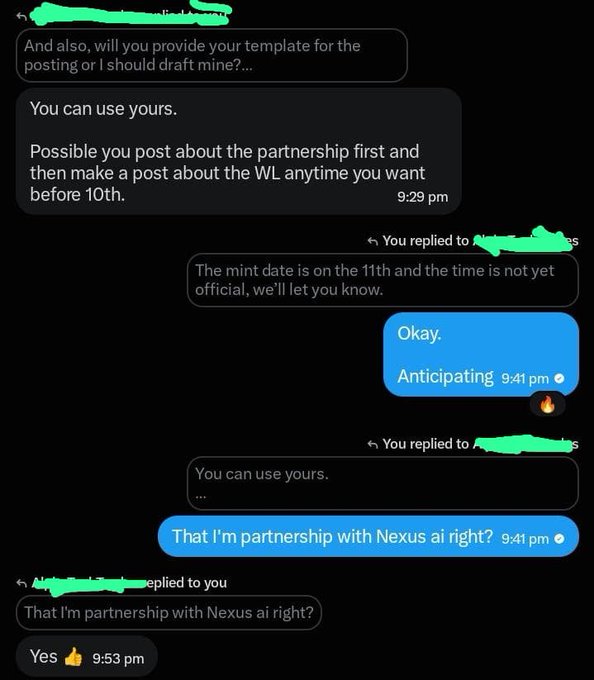 A chat screenshot shows a creator confirming an NFT partnership with “Nexus ai,” discussing posting the partnership before the 10th and noting the mint date is the 11th. It follows a post announcing a partnership worth “6 SOL” earned through “honest grind.”