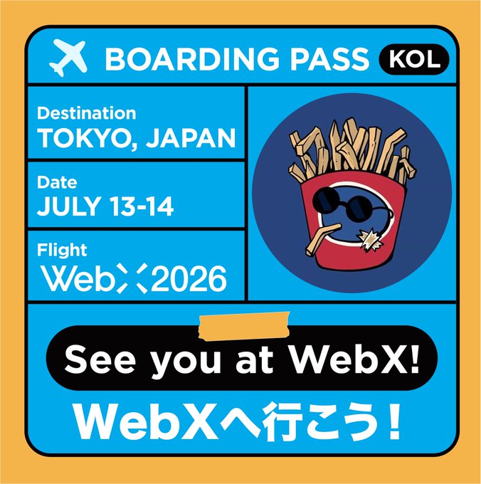 A boarding pass graphic with a blue and orange color scheme advertising travel to Tokyo, Japan for WebX 2026 on July 13-14, featuring a cartoon mascot wearing sunglasses and a French fry container hat with the text 'See you at WebX!'