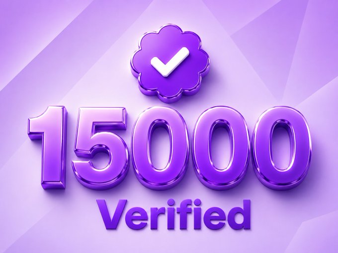 A purple-themed graphic displays '15000 Verified' in glossy 3D text beneath a checkmark badge on a light purple background.
