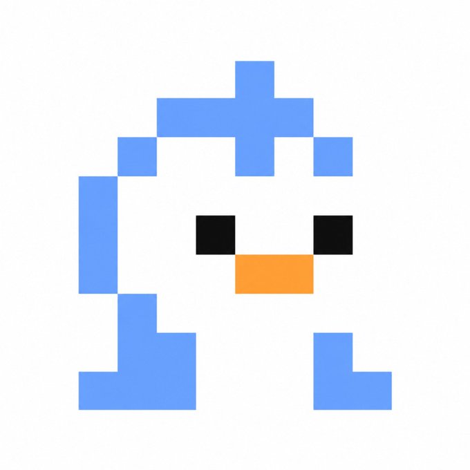 A pixelated, blocky illustration of a blue penguin with an orange beak, resembling the classic Q*bert video game character. The post suggests it reminds them of this retro gaming artwork, though no text or branding is visible in the image itself.