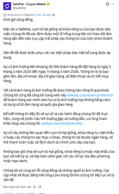 A screenshot of a Twitter/X post from SafePal (@SafePal) in Vietnamese addressing the community about a security issue affecting approximately 39,798 customers.