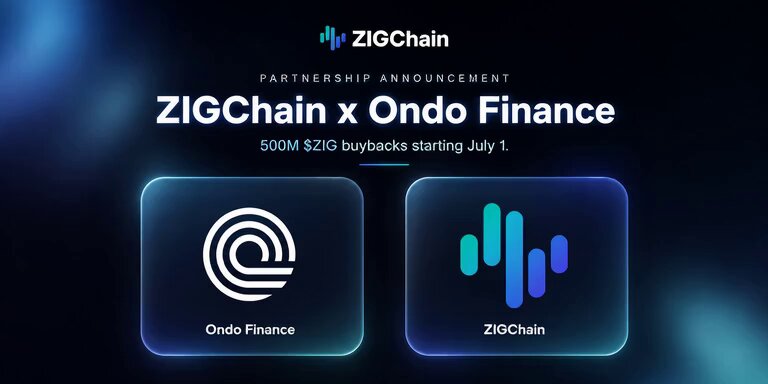 A black background with a white logo for ZigChain and the caption "Partnership Announcement" below, along with two images of logos representing Ripple Chain and US Treasuries. The text reads, "Most ppl still think RWAs are only about bonds . . . treasuries , yield products but the next unlock is bigger ZIGchain x @OndoFinance brings tokenized US stocks and ETFs onchain this is not about creating new assets it's about opening access to the assets people were".