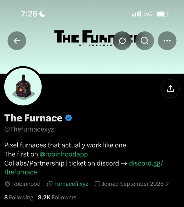 A Twitter/X profile page for "The Furnace" (@Thefurnacexyz), a verified account with 8.2K followers describing itself as "Pixel furnaces that actually work like one," partnered with Robinhood.