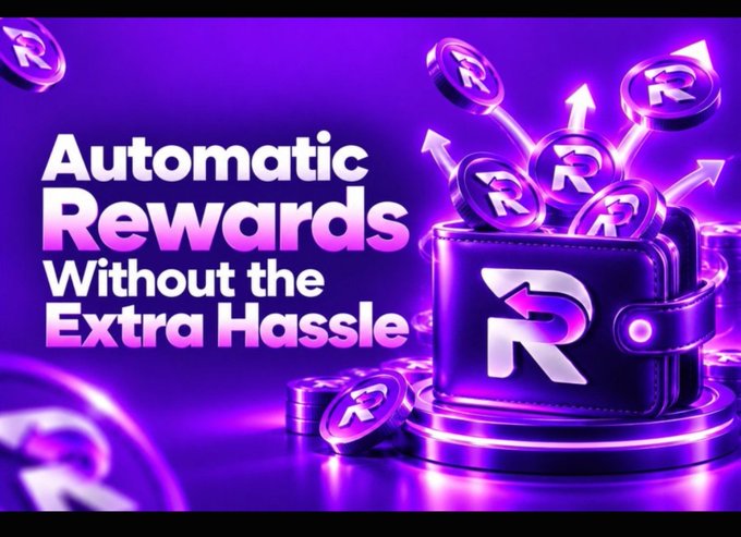A promotional graphic with purple and pink colors displays 'Automatic Rewards Without the Extra Hassle' alongside a wallet emitting coins with an 'R' symbol.