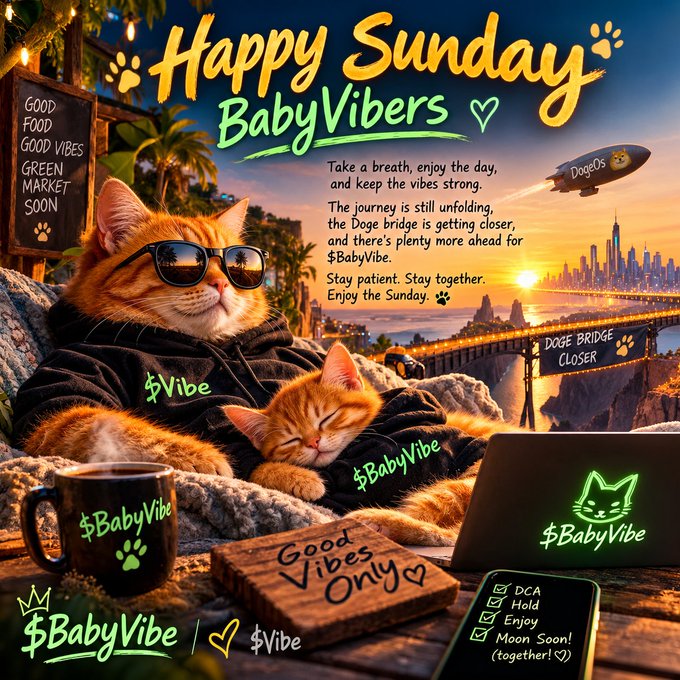 A promotional graphic titled 'Happy Sunday BabyVibers' features two cats lounging by a bridge at sunset, with text encouraging the community to 'Stay patient. Stay together. Enjoy the Sunday' and referencing '$BabyVibe' and '$Vibe'.