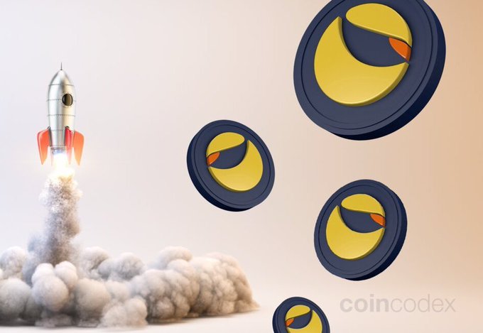 A rocket launches into the sky alongside several Terra Luna Classic (LUNC) coin logos, with the "coincodex" watermark visible in the bottom right, visually reinforcing the post's message about LUNC's strong community and upward momentum in the crypto space.