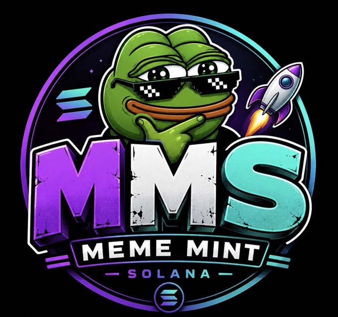 A Pepe the Frog mascot in pixelated sunglasses gives a thumbs-up beside a launching rocket, with bold "MMS — MEME MINT — SOLANA" text, matching the post's launch announcement for the $MMS token.