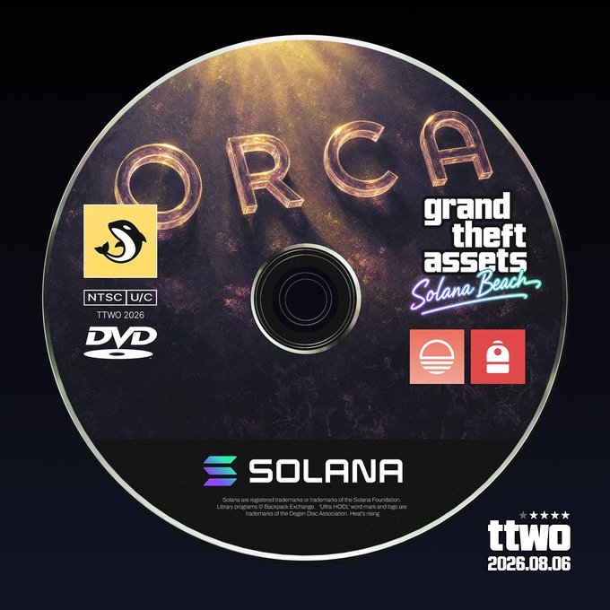 A digital graphic designed like a DVD disc for an event titled 'grand theft assets Solana Beach', featuring the text 'ORCA', a Solana logo, and a date of '2026.08.06' with the publisher 'ttwo'.