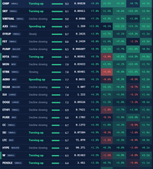 A cryptocurrency trading dashboard displays live performance metrics for various tickers including CRYP, OIL, JNS, AAVE, STRAT, FET, PUMP, HMSTR, ETH, ARIO, NEAR, SOL, ENA, STRK, CRCL, ETHE, PUMP, CC, AI, ST, XLM, HYPE, and PUMP, showing price values, percentages, and colored indicators (green/red) for gains and losses. The post's reference to "crypto perps" aligns with the dashboard's focus on perpetual futures contracts and crypto trading performance.