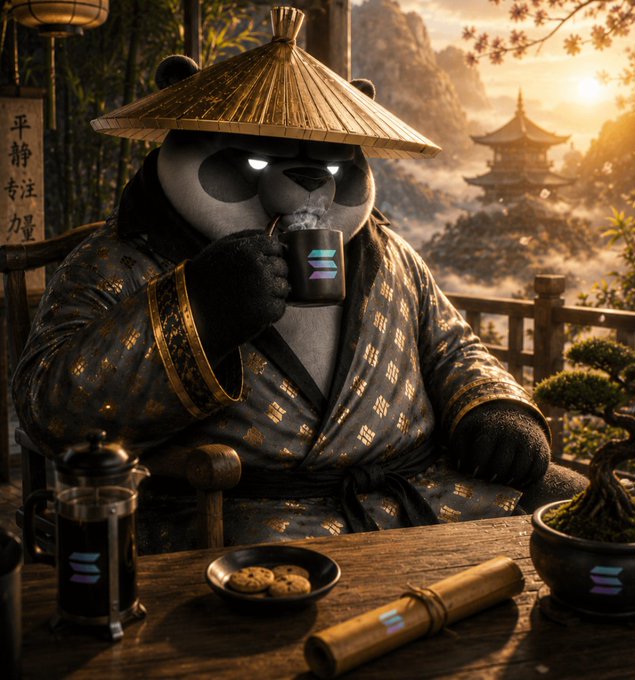 A panda dressed in a traditional Asian kimono and straw hat sips from a Solana-branded mug in a serene mountaintop tea garden, embodying the post's "GM and Namaste" greeting with a calm, focused start to a new week. The Solana logo also appears on a French press and a bonsai planter on the table, tying the scene to the crypto community's weekly reset mantra.