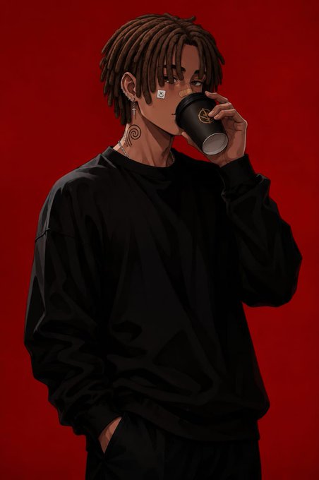A young man with dreadlocks and tattoos, including a small "X" near his eye, drinks from a black paper cup while wearing an oversized black sweatshirt against a bold red background, projecting a stylish, brand-ready aesthetic. The image's polished, moody vibe reinforces the post's message about launching a new creator page and inviting brands to book sponsored content.