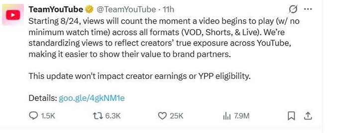 A tweet from @TeamYouTube announcing that starting 8/24, views will count from the moment a video begins to play across all formats.