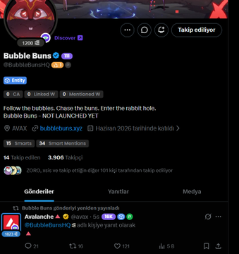 A screenshot of the "Bubble Buns" Twitter/X profile (@BubbleBunsHQ) showing 3,906 followers, 3.90% engagement, and 15 smart mentions, with the pinned tweet announcing the project and noting "Bubble Buns - NOT LAUNCHED YET" — corresponding to the post promoting early registration for the Avax Summer launch using code BB-9SKN.