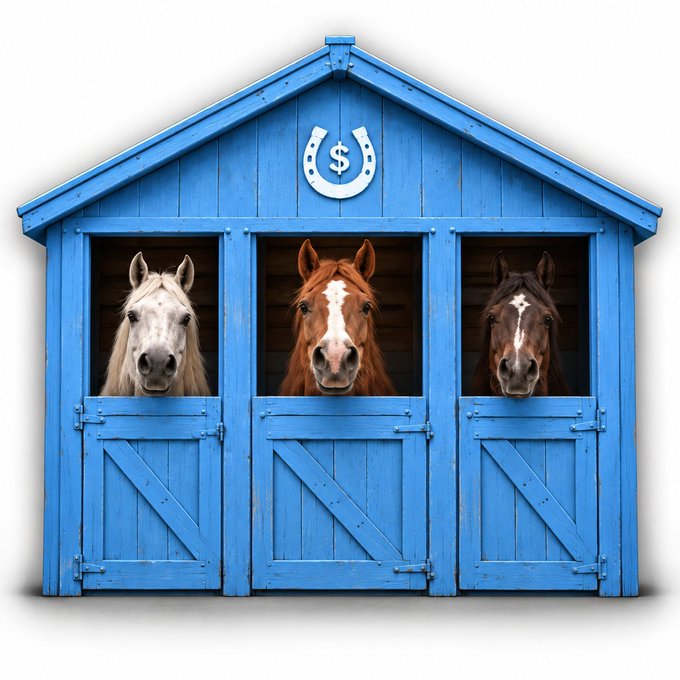 Three horses (white, brown with white blaze, and dark brown) peer out from the doorways of a bright blue wooden stable featuring a horseshoe with a dollar sign emblem.