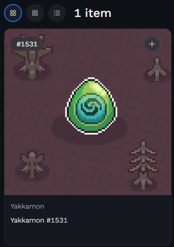 A digital interface displays a single item called "Yakkamon #1531", which appears as a pixelated green and blue egg with a spiral pattern on a dark red background.