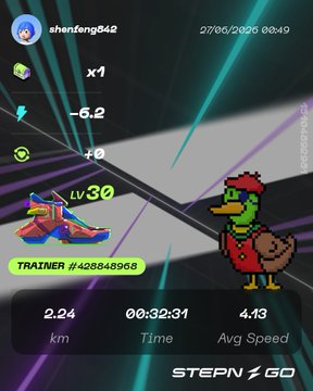 A StepN fitness app screenshot showing user "shenfeng842" running 2.24 km in 00:32:31 (avg speed 4.13) with a "LV 30" sneaker and a duck mascot character, matching the post's humorous theme of "wearing rain boots like an invincible duck" during a rainy nighttime workout.