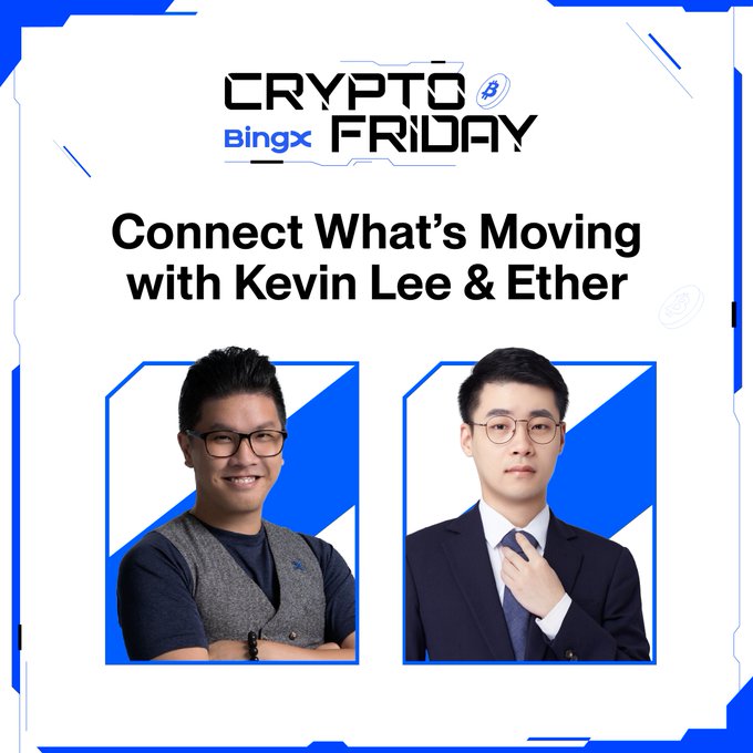 The image is a promotional graphic for "Crypto Friday" by BingX, featuring the title "Connect What's Moving with Kevin Lee & Ether" above side-by-side portrait photos of the two hosts, matching the Twitter post announcing their upcoming live segment.