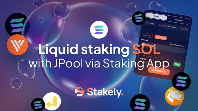 A promotional graphic for 'Liquid staking SOL with JPool via Staking' by Stakely, showing a staking app interface with 6.83% APY.