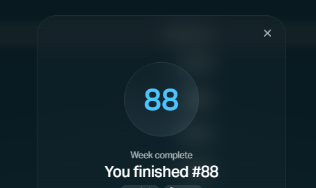 A dark achievement screen displays "Week complete" with the number "88" in a blue circle, stating "You finished #88" below.