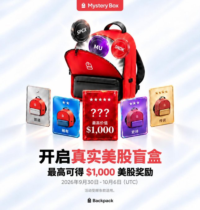 A promotional advertisement for a 'Mystery Box' featuring a red backpack with US stock tickers (SPCX, MU, SNDK), offering up to $1,000 in stock rewards, dated September 30 - October 6, 2026.