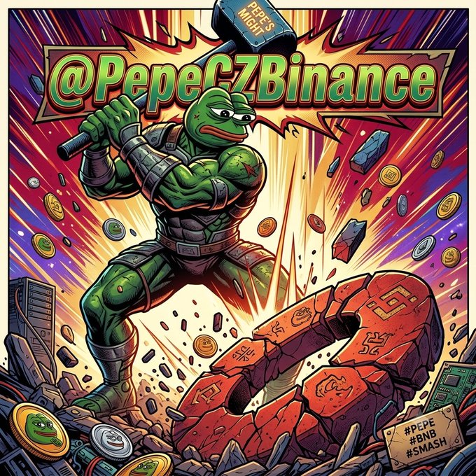 A vibrant comic-style illustration featuring a muscular Pepe the Frog warrior wielding a hammer labeled 'PEPE'S MIGHT', smashing through crypto-themed blocks, with '@PepeCZbinance' prominently displayed and hashtags #PEPE, #BNB, #SMASH visible.