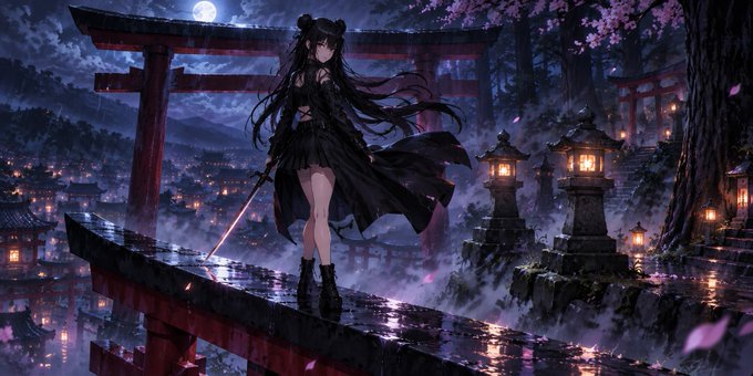 An anime-style illustration of a dark-haired girl in a black gothic outfit standing on a wooden bridge holding a glowing sword, with red torii gates, stone lanterns, and cherry blossoms in a moonlit Japanese village.