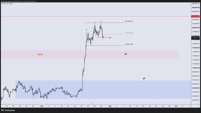 A TradingView BTCUSD chart on August 24 shows Bitcoin's price around $77,800 after a sharp rally toward the $81,249-82 resistance zone, with key Fibonacci levels (0.618 at ~$76,641, 0.786 at ~$75,041) highlighted and shaded demand zones near $74K and $66K marked as potential pullback targets before a continued move beyond $83K.