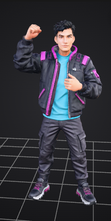 A 3D character model of a young man wearing a dark jacket with purple accents, a teal shirt, dark cargo pants, and sneakers, standing on a grid platform.