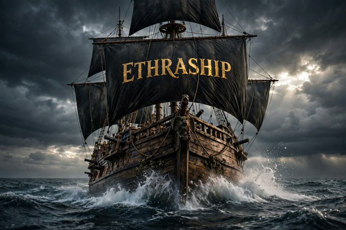 A dramatic digital artwork of an old wooden sailing ship on stormy seas with dark clouds overhead, featuring a large sail displaying the golden text 'ETHRASHIP'.