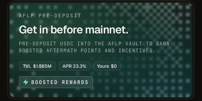 An AFLP pre-deposit promotional banner reading 'Get in before mainnet' with TVL $1.565M, APR 33.3%, and a 'BOOSTED REWARDS' button.