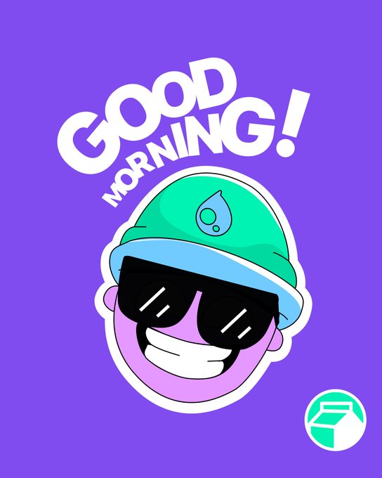 A purple greeting card featuring a cartoon purple character wearing a green cap and sunglasses smiling, with the text 'GOOD MORNING!' above and a small green logo in the corner.