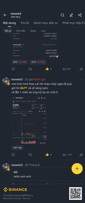 The image shows a Binance Square profile for user "kaiweb3" with only 4 followers and low engagement (801 and 1.3K views), displaying posts about APT/USDT cryptocurrency. The poor engagement metrics—low follower count and minimal interactions—visually support the caption's claim that posting on Binance Square has been unsuccessful.
