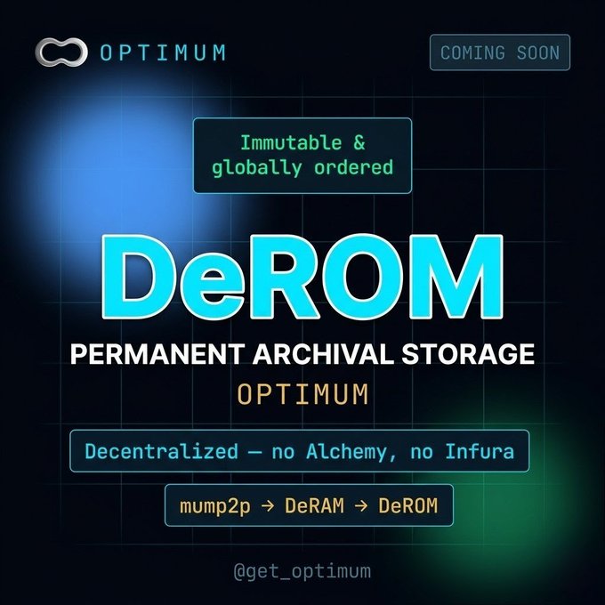 The image features an advertisement for a new product called "DeROM" that is being released soon. The poster displays the name of the product, which is written in blue letters against a black background. Below this, there are two descriptions of the product: one explaining what it does and another stating that it is impermanent storage. The poster also includes a code for the hashtag "#getoptimum".