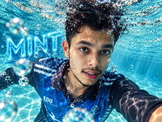 An underwater selfie of a young man wearing a blue and black athletic jersey with 'MINT' text visible on his clothing and bubbles surrounding him in the pool.