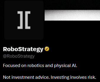 A profile picture and header image for the X/Twitter account @RoboStrategy, featuring a stylized "]" logo and the tagline "Focused on robotics and physical AI." The image aligns with the accompanying post, which identifies RoboStrategy as an investment firm focusing on physical AI and trading publicly on Nasdaq as $BOT.