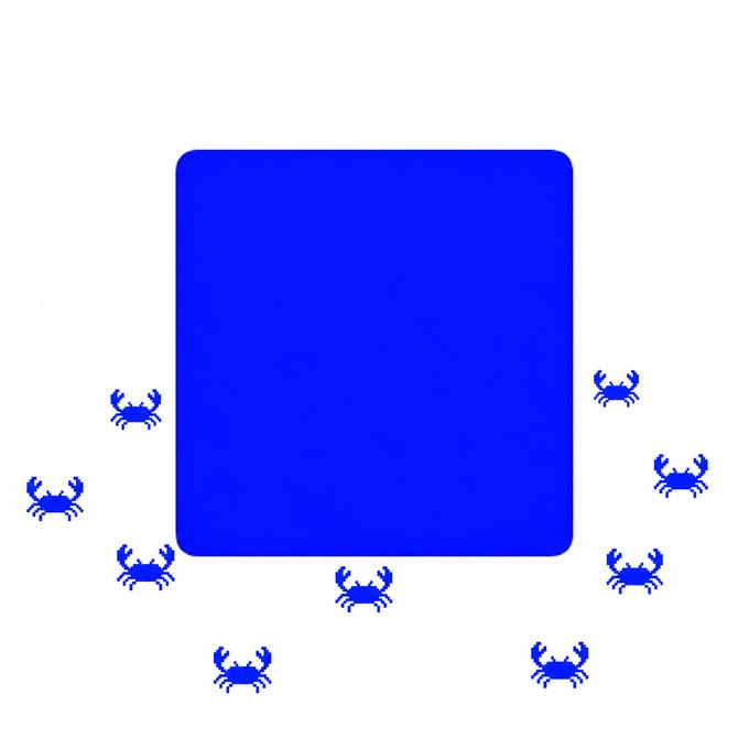 A blue rectangular graphic surrounded by multiple blue crab icons, reminiscent of the Crab Rave meme.