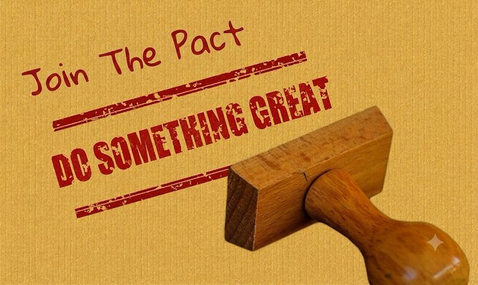 Graphic design with text 'Join The Pact' and a stamp reading 'DO SOMETHING GREAT' next to a wooden rubber stamp tool.