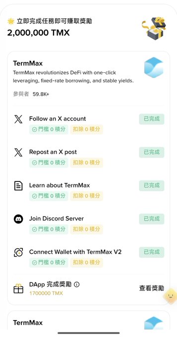 A TermMax task completion page showing a 2,000,000 TMX reward with several completed tasks (Follow on X, Repost, Learn about TermMax, Join Discord, Connect Wallet) marked as 已完成.