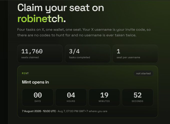 A promotional page for 'robinntech' claiming a seat, showing 11,760 seats claimed, 3/4 tasks completed, and a countdown timer for the mint opening on August 7, 2026.